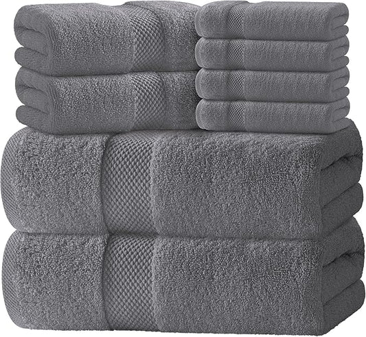 White Classic Luxury Bath Towel Set of 8 Pieces - 100% Turkish Cotton Highly Absorbent Towels for Bathroom, 2 Luxury Bath Towels 700GSM, 2 Hand Towels, 4 Washcloths, Dark Gray
