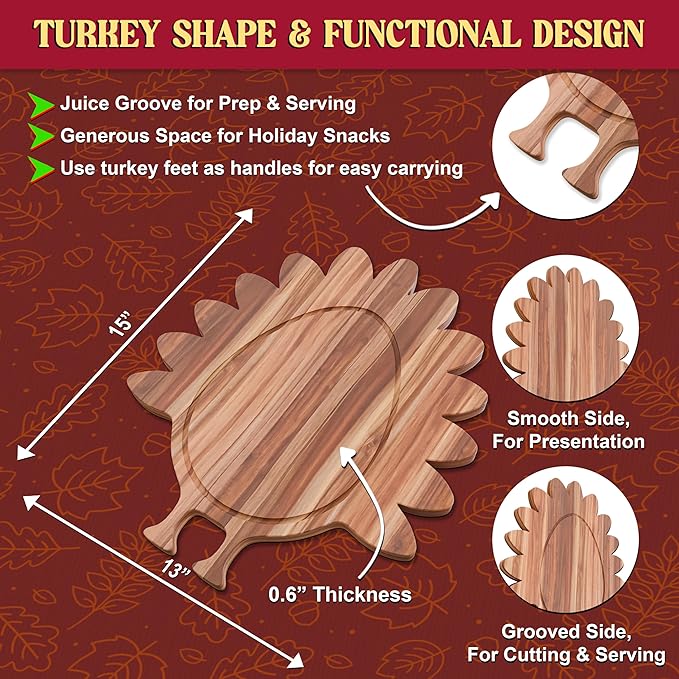 New – Turkey Charcuterie Board – Acacia Wood Turkey Shaped Cutting Board (15x13in) Thanksgiving Serving Tray, Fall Cheese Board, Autumn Platter, Wooden Serveware & Thanksgiving Kitchen Decor Gift