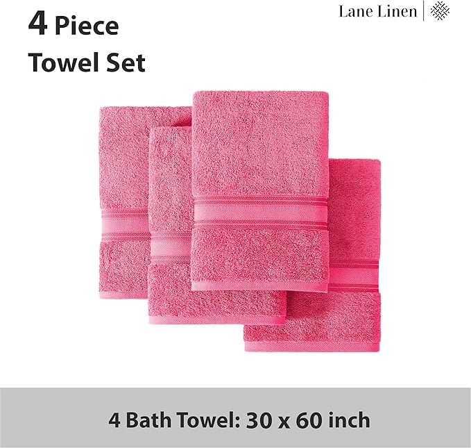 LANE LINEN 100% Cotton Large Bath Towels Set of 4 (30"x60") - Zero Twist, Mercerized Cotton Bathroom Towel 4 Pack - Quick Dry, Soft & Absorbent Large Towels Set - Dorm Essentials for Girls - Fuchsia