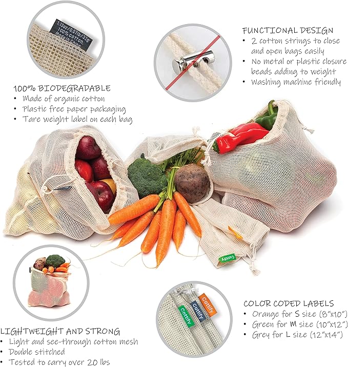 6 Reusable Produce Bags Grocery Washable | Organic Cotton Mesh Produce Bags | Double-Stitched & Tare Weigh | Mesh bags for vegetables | Cotton Produce Bags Reusable Washable | Produce bag (3 sizes)