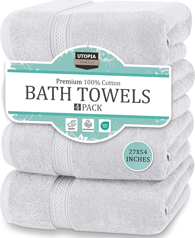Utopia Towels 4 Pack Premium Bath Towels Set, 27 by 54 Inches, 100% Ring Spun Cotton 600GSM, Lightweight and Highly Absorbent Quick Drying Towels, Perfect for Daily Use, Silver