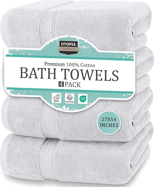 Utopia Towels 4 Pack Premium Bath Towels Set, 27 by 54 Inches, 100% Ring Spun Cotton 600GSM, Lightweight and Highly Absorbent Quick Drying Towels, Perfect for Daily Use, Silver