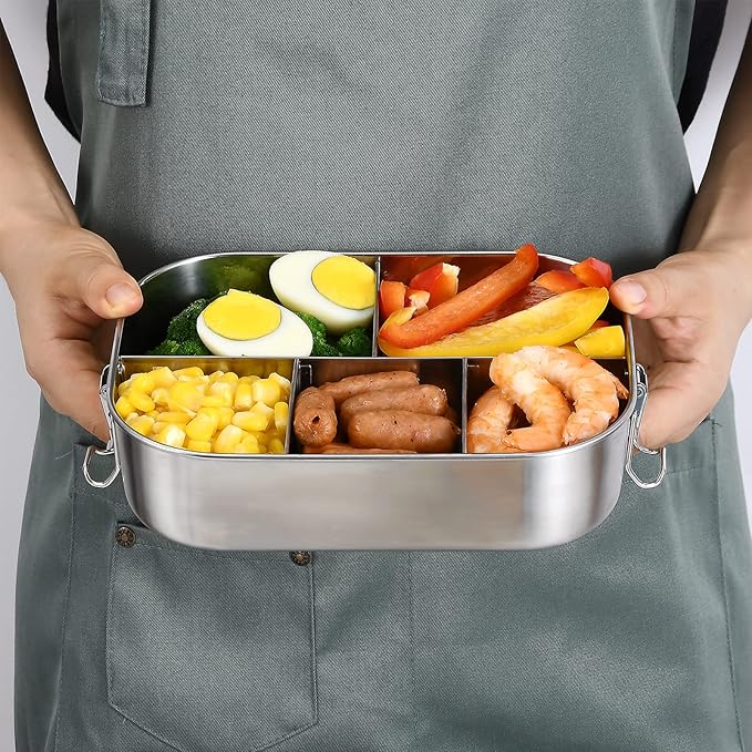 UPTRUST Stainless Steel Bento Lunch Food Box Container, 5-Compartment Large 1400ML Metal Bento Lunch Box Container for Kids or Adults with Lockable Clips to Leak Proof