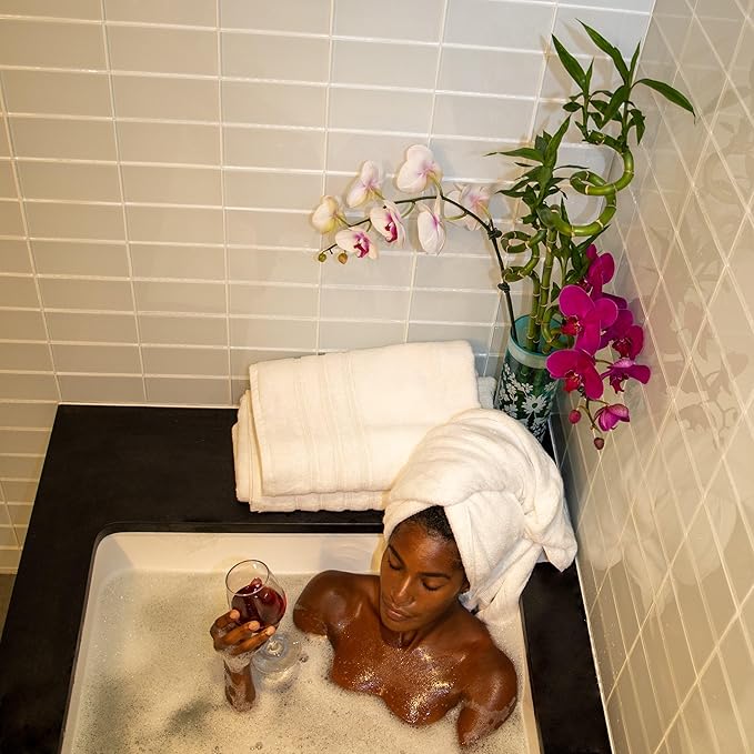 Mosobam Luxury Turkish Set of 4 Bath Towels 30X58 White 700 GSM Bamboo Viscose & Aegean Turkish Combed Cotton