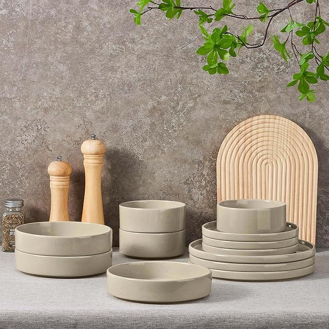 Herogo 24 Piece Dinnerware Sets with Double Bowls, Stoneware Plate and Bowls Set for 6, Ceramic Dinner Dishware for Kitchen Dining, Microwave & Dishwasher Safe, Speckled Khaki