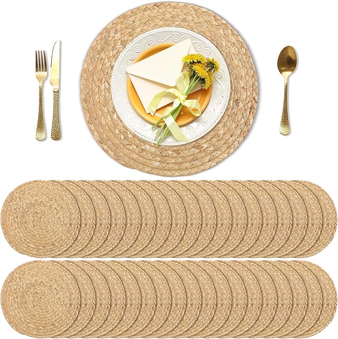 Set of 36 Round Woven Placemats 12-Inch Natural Water Hyacinth Plant Placemats Hand-Woven Boho Rattan Placemat Wicker Weave Table Mats for Home Table Farmhouse