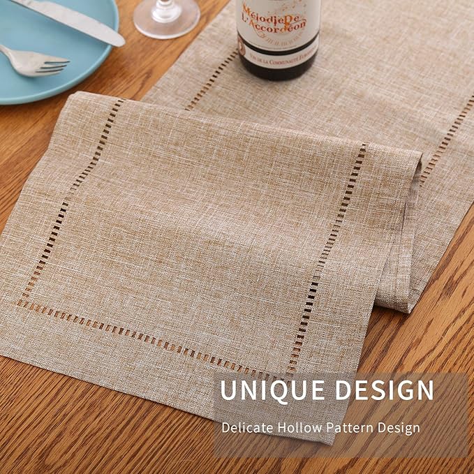 Tosewever Decorative Linen Table Runner Farmhouse Style Tabletop Collection 14 x 108 Inches Table Runners for Everyday Dining Wedding Party Holiday Home Decor (14" x 108", Light Coffee/Straight)
