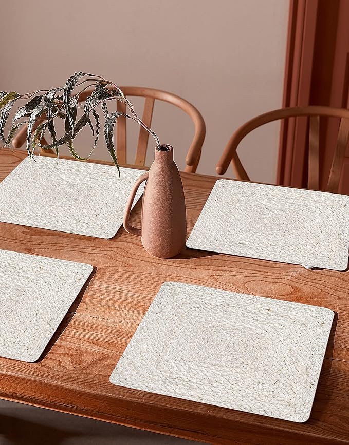 Hausattire Jute Braided Placemats 14x14 Inches Set of 4 Reversible Handwoven Boho Vintage Placemats for Kitchen Dining Tables|BBQ's Thanksgiving Decor Weddings Indoor & Outdoor Parties|Off-White