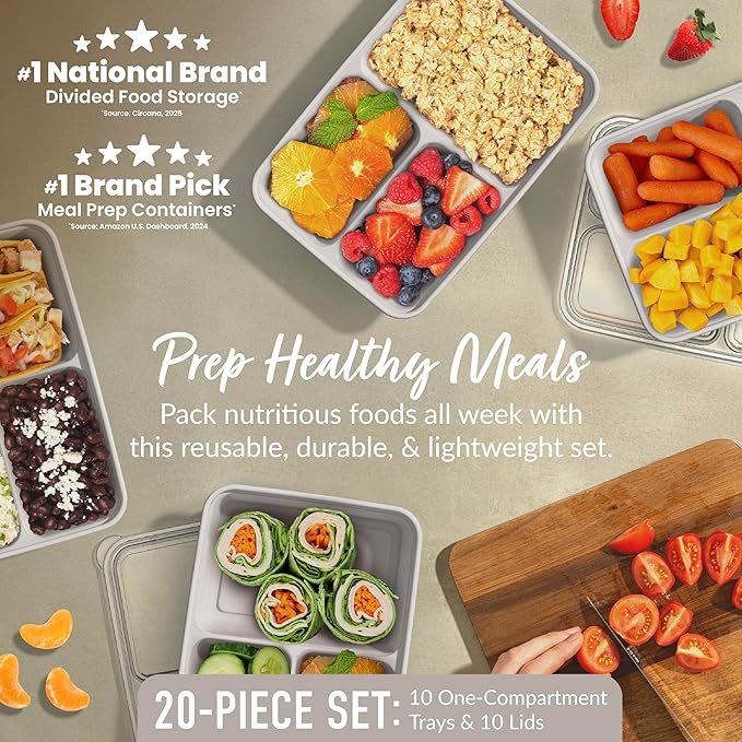 Bentgo Prep - 20-Piece 3-Compartment Reusable Meal Prep Containers with Lids, PFAS & BPA Free Materials, Durable, Microwave, Freezer, & Dishwasher Safe To Go Food Storage (Stone Gray)