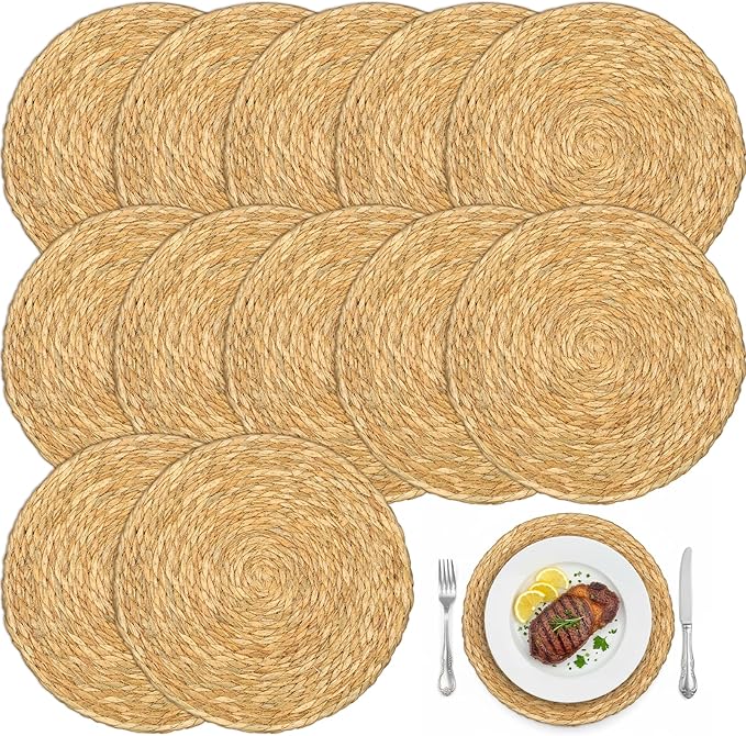 SHENLIU 12 PCS 13.5'' Round Rattan Placemats, Round Woven Placemats Plate, Boho Farmhouse Rustic Woven Place Mats for Dining Table Decor Rustic Home Decor Wedding Reception Farmhouse Christmas
