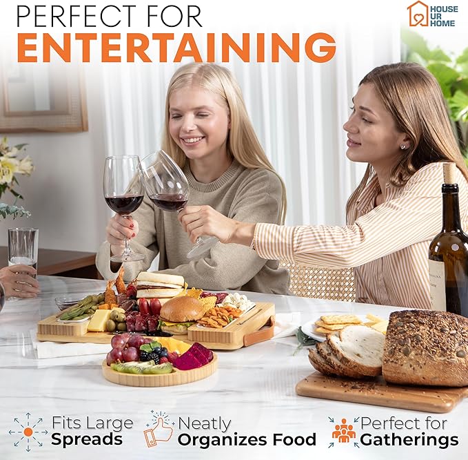 Bamboo Charcuterie Boards Gift Set with Magnetic Removable Side Trays, Fruit Tray, Handles, Cutlery-Ready Box & House Warming Gifts New Home