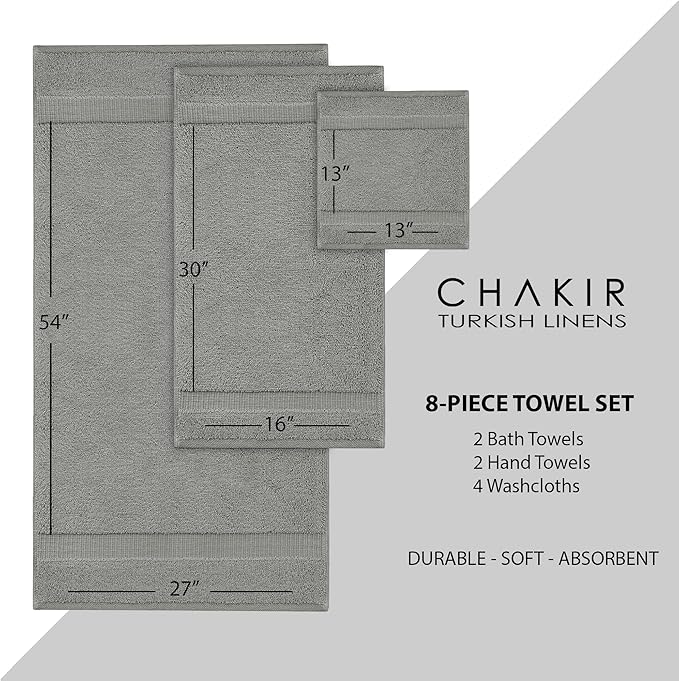 Chakir Turkish Linens | Hotel & Spa Quality 100% Cotton Premium Turkish Towels | Soft & Absorbent (8-Piece Towel Sets, Gray)