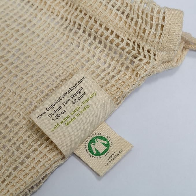 Reusable Mesh Vegetable Bags of 100% Organic Cotton - 6 Pieces Perfect Net Produce Bags - Eco-friendly, Bio-degradable & Washable Fruit, Vegetable & Produce Bags (3 Medium, 3 Small)