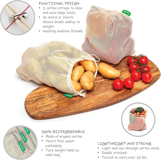 6 Reusable Produce Bags Grocery Washable | Organic Cotton Mesh Produce Bags | Double-Stitched & Tare Weigh | Mesh bags for vegetables | Cotton Produce Bags Reusable Washable | Produce bag (M size)