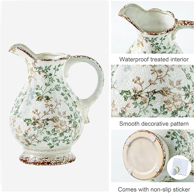 Enra Large Vintage Green Ceramic Vase and Pitcher for Home Decor, 9.7 Inch Rustic Chinoiserie Decorative Vases, Green and Beige Ceramic Vases for Living Room, Kitchen, Office – Large Vases for Decor