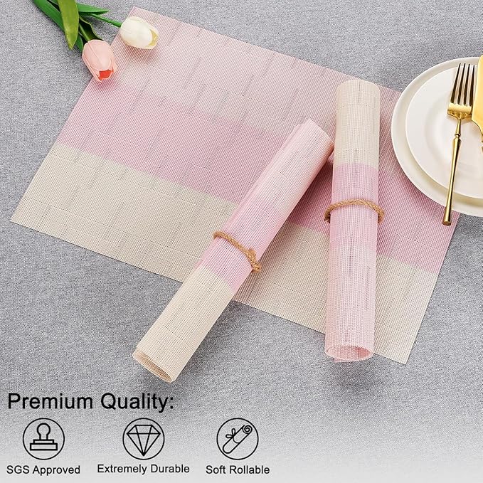 Placemats Set of 8, Vinyl Woven Place Mats Indoor Set of 8 Washable Wipeable PVC Table Mats Heat-Resistant Non Slip Plastic Placemat for Kitchen Dining Outdoor Table (Beige Pink, Set of 8)