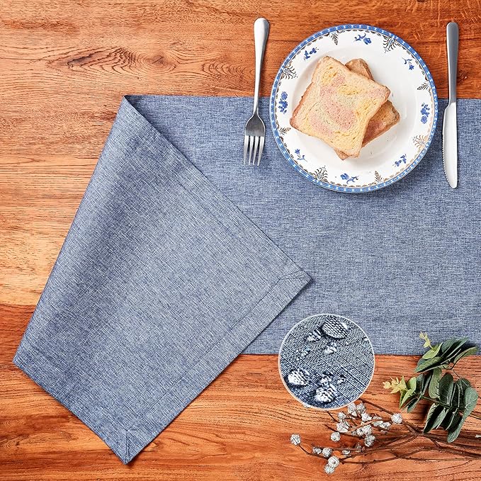 Mebakuk Linen Farmhouse Table Runner Large Burlap Style Soft and Waterproof Decorative Fabric Runner for Outdoor Wedding and Dinner (14 x 36 Inch, Denim Blue)
