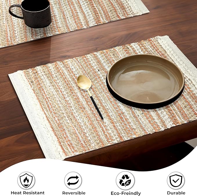 Hausattire Woven Table Placemats Set of 4 - Rust, Jute Boho Outdoor Table Mats for Kitchen Dining Decoration | Easy Clean Heat Resistant Farmhouse Dinner Placemat for Thanksgiving Decor - 13x19 Inch