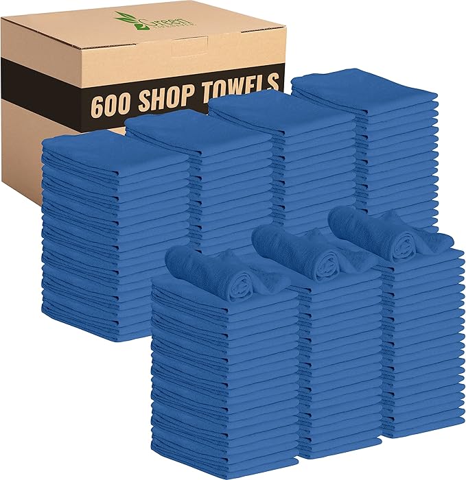 GREEN LIFESTYLE Blue Shop Towels 12x14, 600 Pack, 100% Cotton Super Absorbent & Durable Shop Rags, Reusable Shop Rags Bulk, Multipurpose Cleaning Towels for Automobiles, Industries, Garage and Home