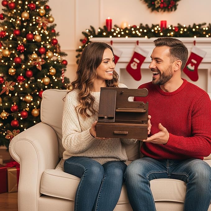 TESLYAR Wood Phone Docking Station with Drawer - Nightstand Organizer - Desk Organizer for Husband - Birthday Gifts for Men, Dad, Anniversary Idea, Key Holder Stand Watch & Accessories (Antique Brown)