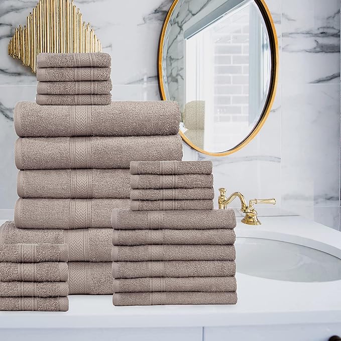HILLFAIR 24 Piece Bath Towels Set for Bathroom- 100% Cotton 24 PC Bulk Pack Hotel Spa Towel Set- 2 XXL Oversized Big Towels, 4 Bath Towels, 6 Hand Towels, 4 Fingertip Towels, 8 Washcloths: Taupe
