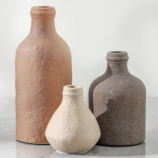 Ceramic Vase Set of 3, Vases Home Decor, Decorative Vases for Table, Boho Flower Vase Modern Neutral Vases for Room Decor, Table, Mantel,Entryway Living Room Kitchen Bedroom Bathroom - Brown