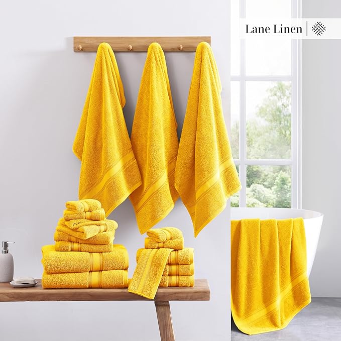 LANE LINEN 18 Pc Bath Towels Set – Ultra Soft 100% Ring-Spun Cotton, 6 Bath, 6 Hand Towel & 6 Wash Cloth, Zero Twist, Quick-Dry, Long-Lasting Comfort & Hotel Quality, Machine Washable – Mimosa