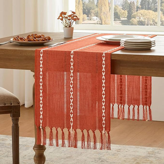 Hemstitched Farmhouse Fall Table Runner, Orange 13x72 Inch, Cotton Linen Table Runners 72 Inches Long, Embroidered Striped Burnt Orange Boho Table Runner Fall Decoration for Home