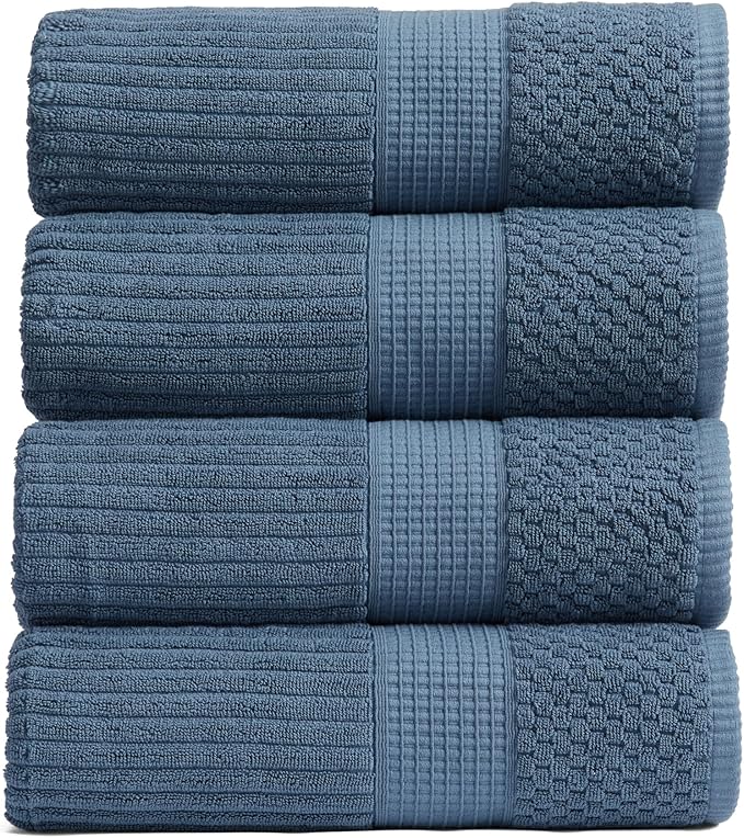 Springtree Home 100% Cotton Bath Towel Set of 4 | Super Soft & Absorbent with Quick-Dry Fibers | 4 Bath Towels | Textured and Durable Cotton | Krista Collection - Oceanview