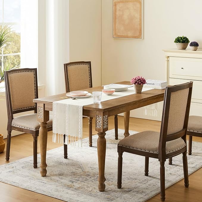 Hemstitched Farmhouse Table Runner, Beige 13x60 Inch, Cotton Linen Table Runners 60 Inches Long, Embroidered Striped Beige Boho Table Runner Rustic Home Decor