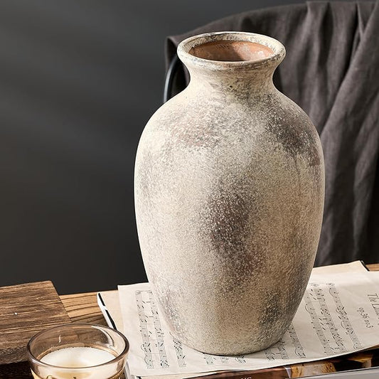 Large Ceramic Rustic Flower Vase, 10.43 Inch Tall Vintage Pottery Home Decor, Antique Farmhouse Terracotta Vase for Living Room, Table, Shelf, Mantel Decoration, Farmhouse - Natural Brown
