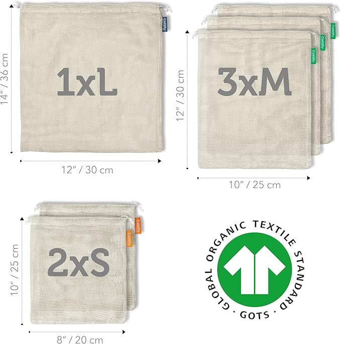 6 Reusable Produce Bags Grocery Washable | Organic Cotton Mesh Produce Bags | Double-Stitched & Tare Weigh | Mesh bags for vegetables | Cotton Produce Bags Reusable Washable | Produce bag (3 sizes)