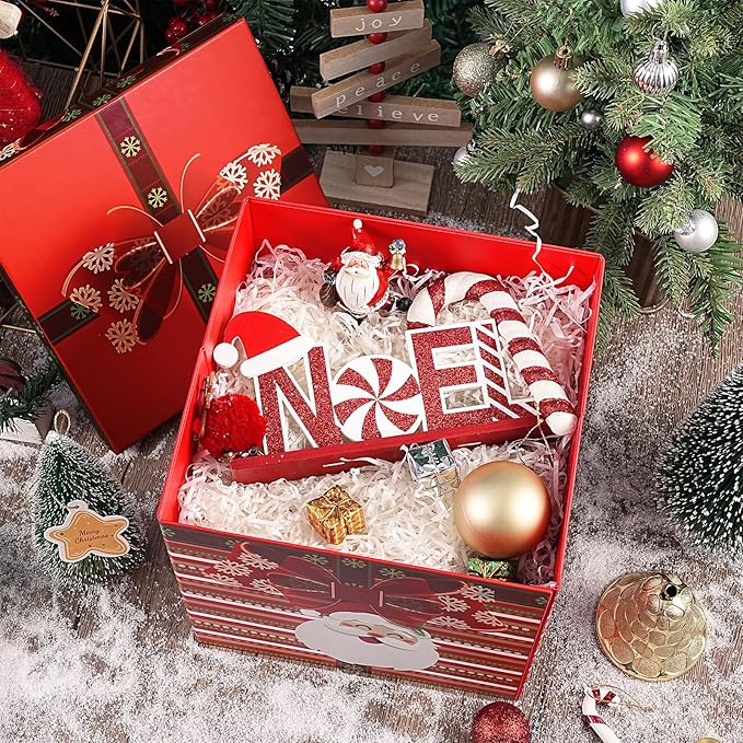 RUSPEPA Christmas Gift Box with Lid, Santa Claus and Red Bow Design, Medium Collapsible Gift Box with Ribbon and Tissue Paper for Holiday Party, Gift Wrapping, Candy Storage, 9x9x9 Inches, 1 Pcs