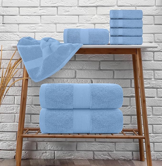 White Classic Luxury Bath Towel Set of 8 Pieces - 100% Turkish Cotton Highly Absorbent Towels for Bathroom, 2 Luxury Bath Towels 700GSM, 2 Hand Towels, 4 Washcloths, Light Blue