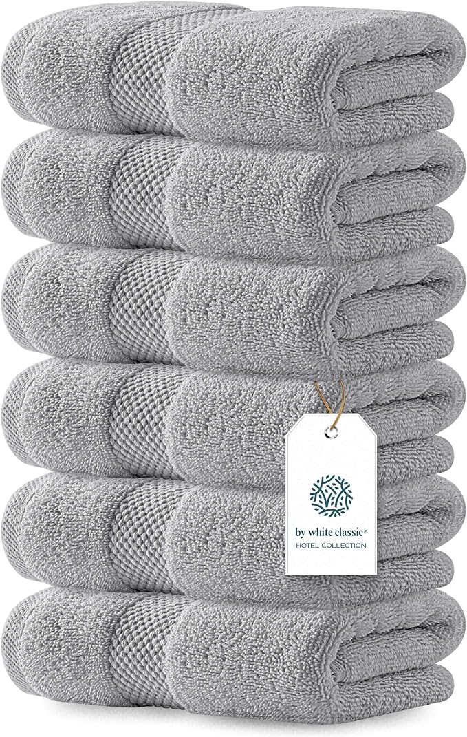 White Classic Luxury Dolphin Gray Hand Towels - Soft 100% Turkish Cotton | Highly Absorbent Hotel spa Bathroom Towel Collection | 16x30 Inch | Set of 6