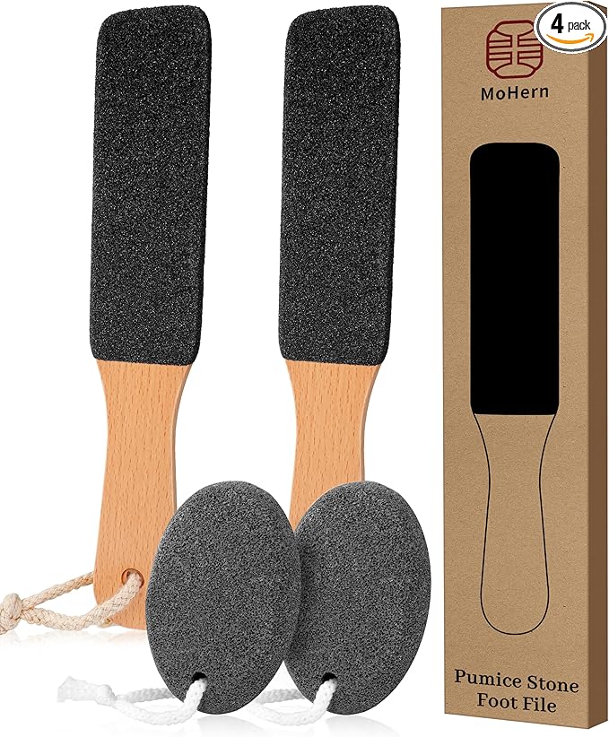 Pumice Stone Foot File, 4pcs Set Callus Remover for Feet with Wooden Handle, Pedicure Foot Scrubber to Remove Dead Skin, Dry, Rough, Corns Skin Scraper