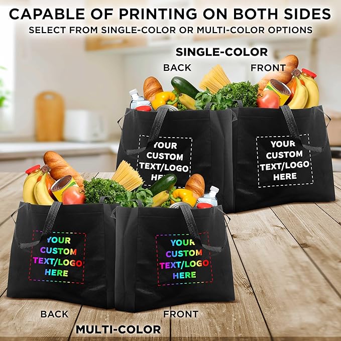 DISCOUNT PROMOS Custom Jumbo Sized Tote Bags Set of 100, Personalized Bulk Pack - Reusable Grocery Bags, Shopping Bags, Promotional Item Totes for Women - Black