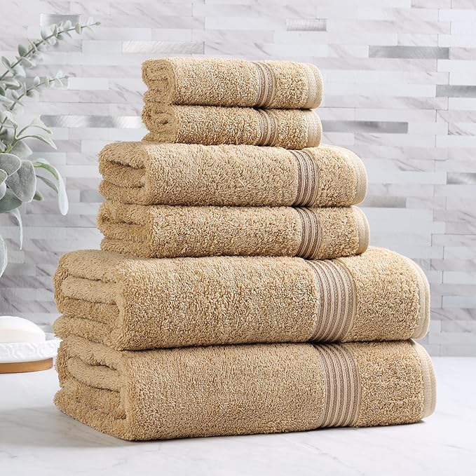 Superior Egyptian Cotton 6-Piece Towel Set, Bathroom Essentials, Towels For Bathroom, Apartment, Airbnb, Guest Bath, Face, Hand, Bath Towels, Washcloths, Absorbent, Fast Drying, Toast