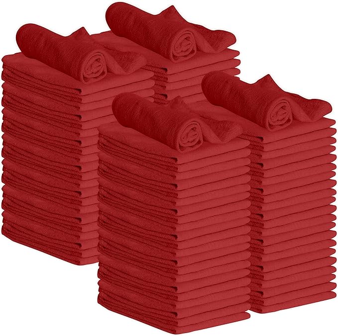 GREEN LIFESTYLE 100 Pack 12x14 Red Shop Towel 100% Cotton, Super Absorbent and Durable for Car, Reusable