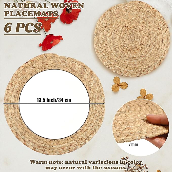 Set of 6 Round Woven Placemats 13.5-Inch Natural Water Hyacinth Plant Placemats Hand-Woven Boho Rattan Placemat Wicker Weave Table Mats for Home Dinner Plates Holiday Supplies