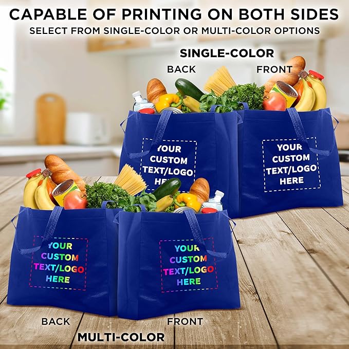 DISCOUNT PROMOS Custom Jumbo Sized Tote Bags Set of 50, Personalized Bulk Pack - Reusable Grocery Bags, Shopping Bags, Promotional Item Totes for Women - Blue