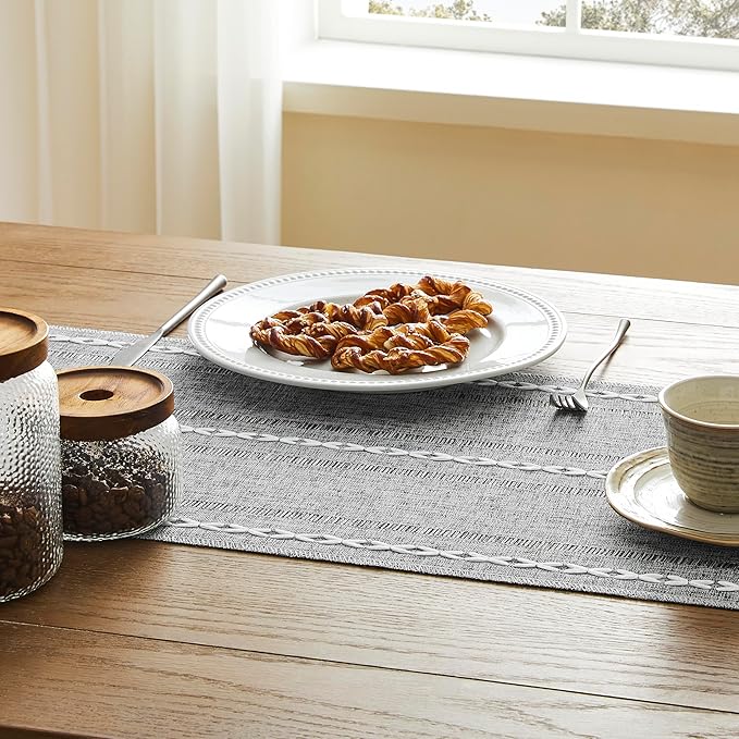 Hemstitched Farmhouse Table Runner, Charcoal 13x108 Inch, Cotton Linen Table Runners 108 Inches Long, Embroidered Striped Grey Boho Table Runner Rustic Home Decor