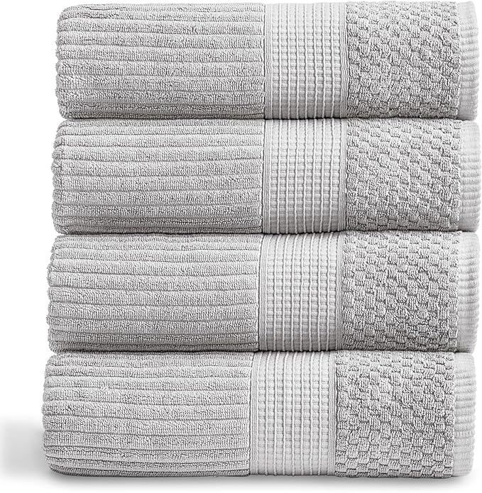 Springtree Home 100% Cotton Bath Towel Set of 4 | Super Soft & Absorbent with Quick-Dry Fibers | 4 Bath Towels | Textured and Durable Cotton | Krista Collection - High Rise Grey