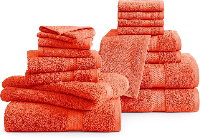 Lane Linen 100% Mercerized Cotton Bathroom Towel Set - 16 Pieces - Fluffy, Super Soft & Highly Absorbent - 4 Bath Towels, 8 Washcloths, 4 Hand Towels - RingSpun, Double Sided Cotton Terry - Tiger Lily