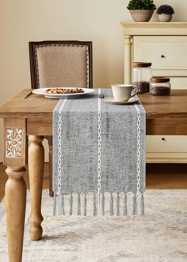 Hemstitched Farmhouse Table Runner, Charcoal 13x72 Inch, Cotton Linen Table Runners 72 Inches Long, Embroidered Striped Grey Boho Table Runner Rustic Home Decor