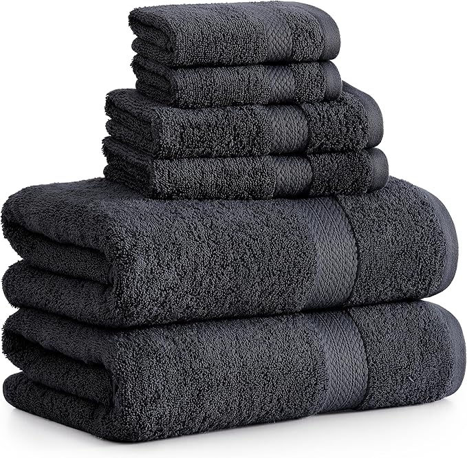 LANE LINEN 100% Cotton Luxury Bath Towel Set - 6 Pieces - Ring Spun, Super Soft & Highly Absorbent - 2 Bath, 2 Washcloths, 2 Hand Towels for Bathroom - Holds Well After Multiple Washes - Black