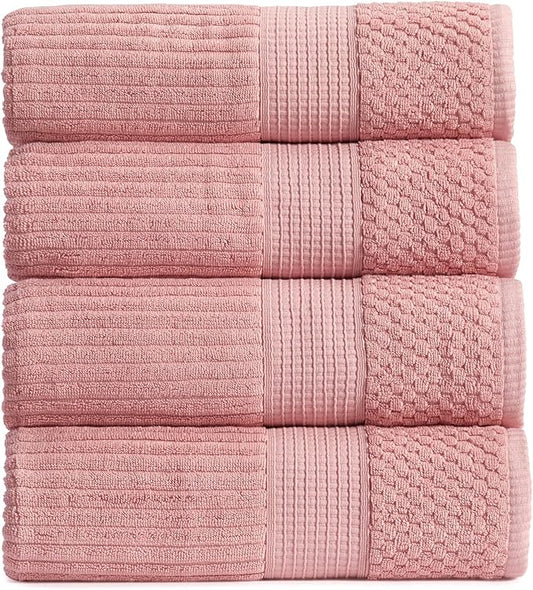 Springtree Home 100% Cotton Bath Towel Set of 4 | Super Soft & Absorbent with Quick-Dry Fibers | 4 Bath Towels | Textured and Durable Cotton | Krista Collection - Bridal Rose