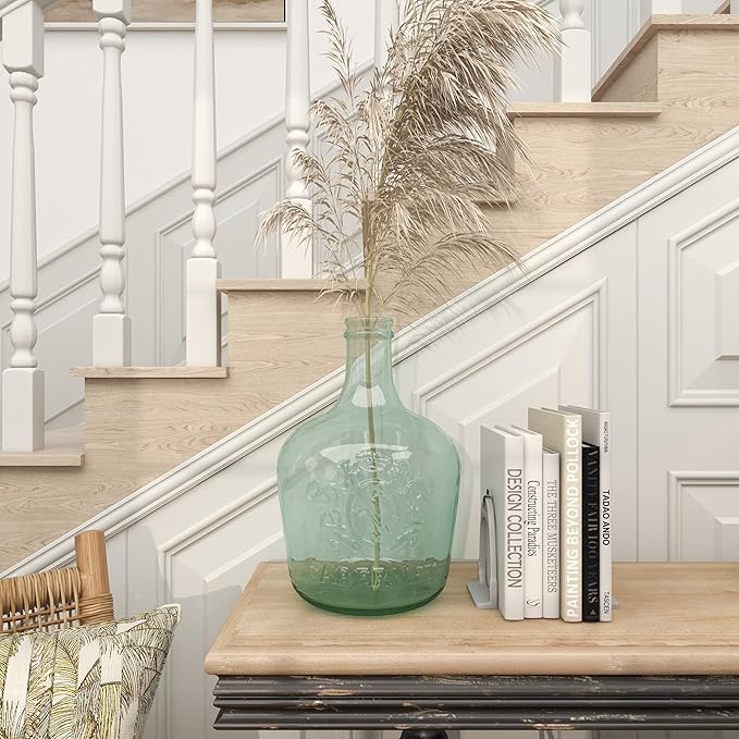 Deco 79 Recycled Glass Handmade Decorative Vase Spanish Bottle Centerpiece Vase with Cabernet and Scroll Design, Flower Vase for Home Decoration 12" x 12" x 17", Clear