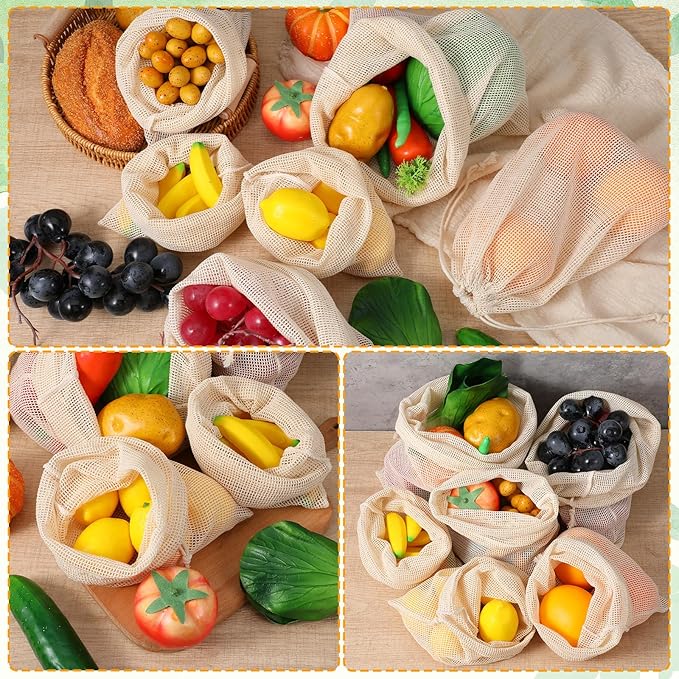 6 Packs Reusable Produce Bags, Cotton Mesh Produce Bags With Drawstring Mesh Storage Bag for Farmers Market Kitchen Vegetables Fruits Produces Storage Shopping