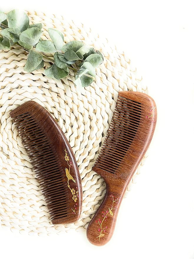 Handmade Wooden and Natural Sandalwood Combs Set - Detangling Fine Tooth Comb with Handle for Women, Anti Static Moon Shape Comb for Straight, Wavy, Dry, Thick or Fine Hair
